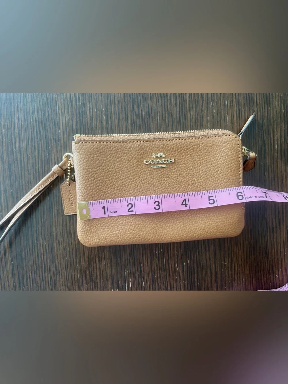 Coach F87590 Pebble Leather Double Zip Wristlet Wallet Camel EUC